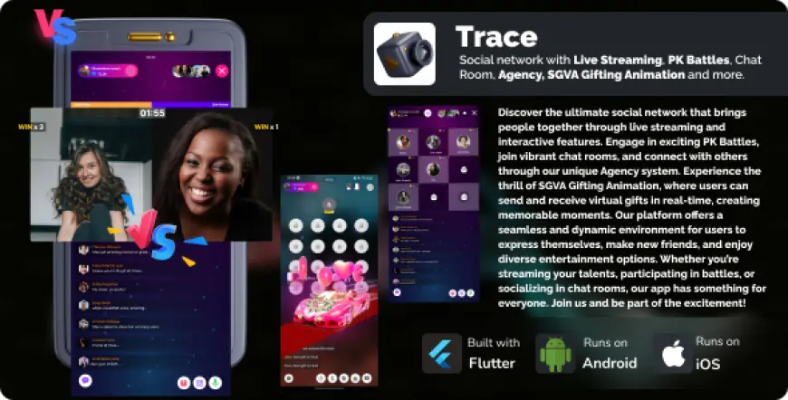 Trace - Social network with Live Streaming, PK battles, Chat room, Agency and more