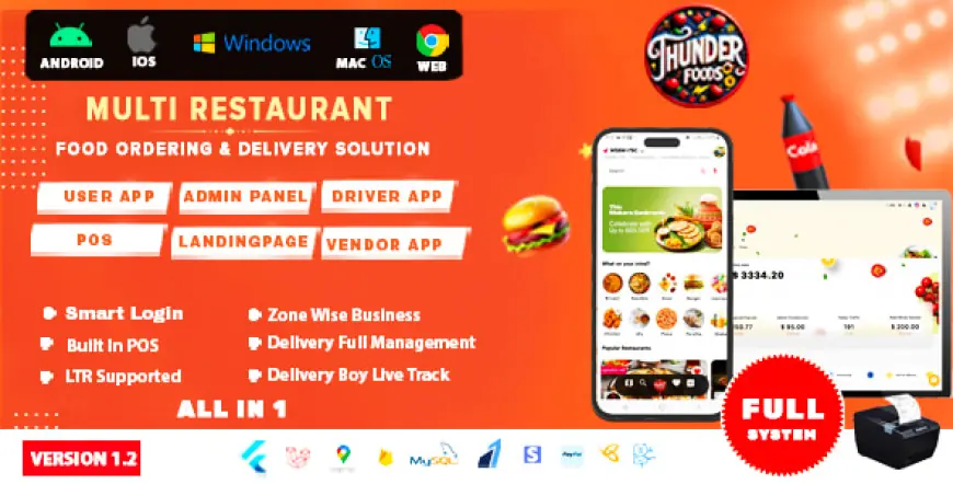 ThunderFood - Multi Restaurant Food Ordering & Delivery Solution (User, Driver, Admin, POS)