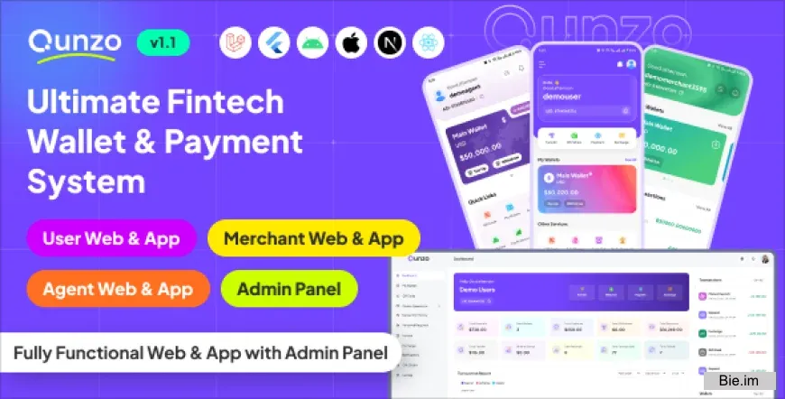Qunzo v1.1 - Fintech Wallet App and Web with User, Agent and Merchant Modules Including Admin Panel